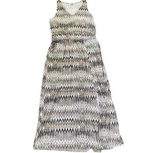 Sejour Jersey Maxi Tank Dress Pockets Sleeveless Zig Zag Black Tan Cream Plus 0X